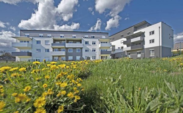 Modernes Wohngebäude mit Balkonen und grünem Garten im Vordergrund. Perfekt für Wohnung kaufen in Wien.