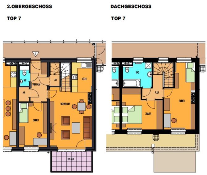 Grundriss einer Wohnung auf zwei Etagen: 2. Obergeschoss und Dachgeschoss, beide mit Räumen und Treppen.