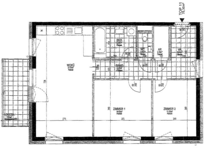 Grundriss einer Wohnung mit zwei Schlafzimmern, Küche, Bad und Loggia.
