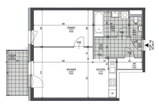 Grundriss einer Wohnung mit Zimmern, Küche, Bad und Loggia. Zeigt Raumaufteilung und Größenangaben in Quadratmetern.