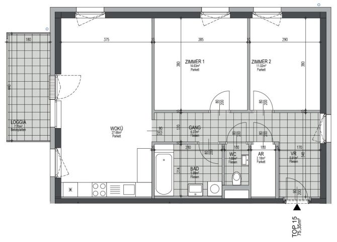 Grundriss einer modernen 2-Zimmer-Wohnung mit Loggia in Wien, optimaler Schnitt für Komfort.