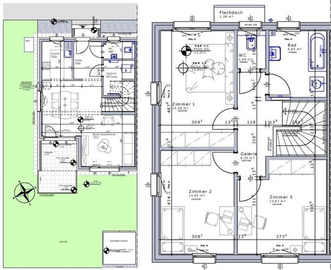 Grundriss eines zweistöckigen Hauses mit Garten und mehreren Zimmern. Architekturzeichnung in schwarz-weiß.