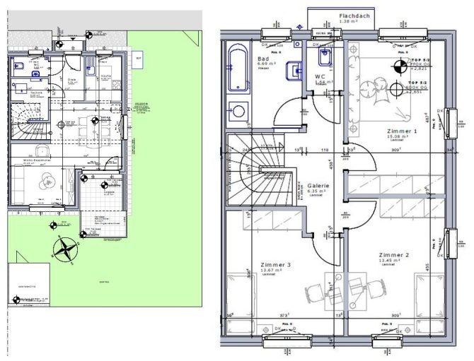 Grundriss eines Wohngebäudes mit mehreren Zimmern und technischen Details.