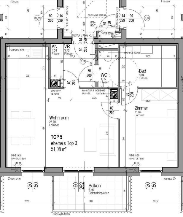 Grundriss einer Wohnung mit Wohnraum, Zimmer, WC, Bad und Balkon, Gesamtfläche 51,08 m².