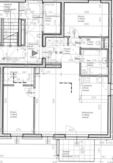 Grundriss einer 3-Zimmer-Wohnung in Wien, offene Küche und Balkon. Ideal für Wohnung kaufen in zentraler Lage.