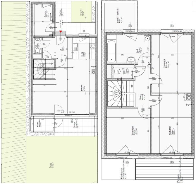 Grundriss eines zweistöckigen Einfamilienhauses mit Gartenfläche. Ideal für Familien.