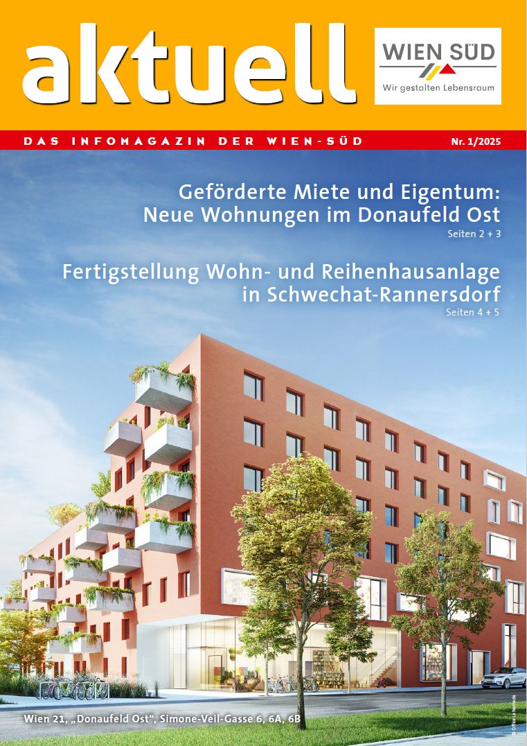Cover des Magazins aktuell mit Wohngebäude in Schwechat-Rannersdorf, Wien. Thema: Geförderte Wohnungen.