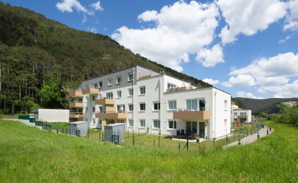 Moderne Wohnanlage mit Balkonen und Garten in grüner Lage, Wien.
